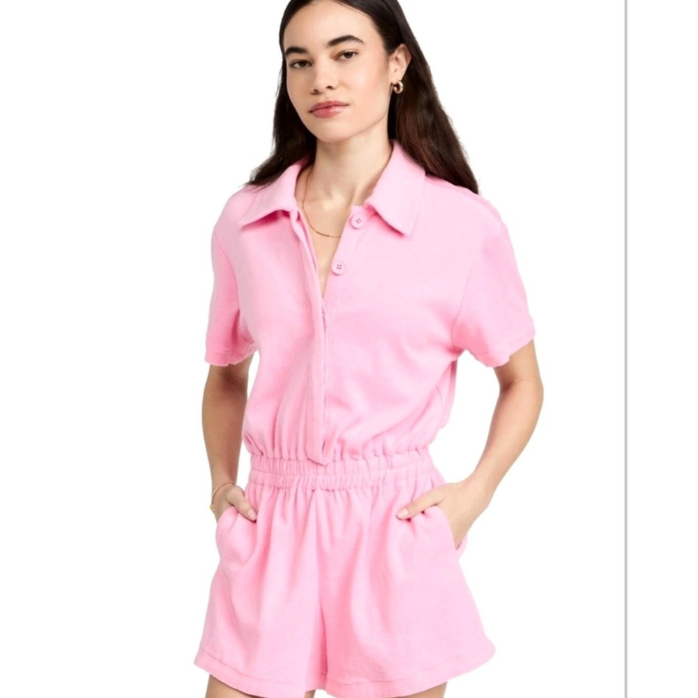 Good‎ American Terry Cloth Beach Romper Pink Short Sleeve Polo Collar Sz 3 Large